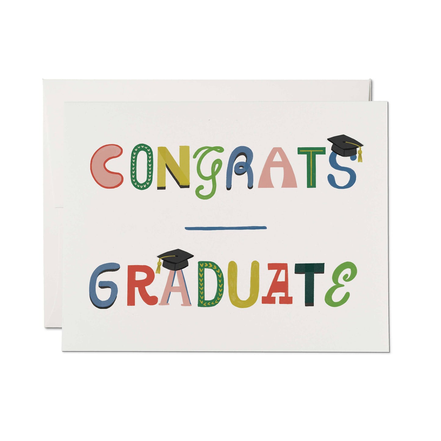 Graduation-themed card with colorful text and graduation caps on a white background