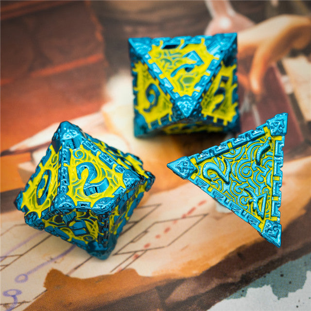Blue and Yellow Metal Dice(Dagger of Venom)7-Dice Udixi RPG