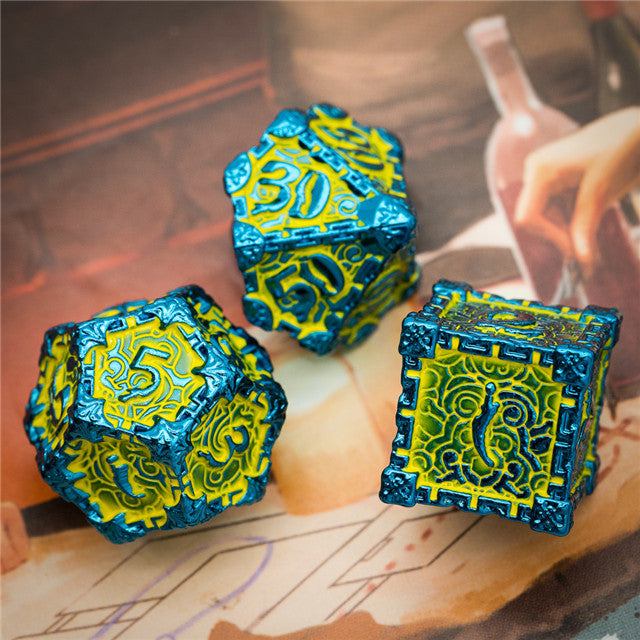 Blue and Yellow Metal Dice(Dagger of Venom)7-Dice Udixi RPG