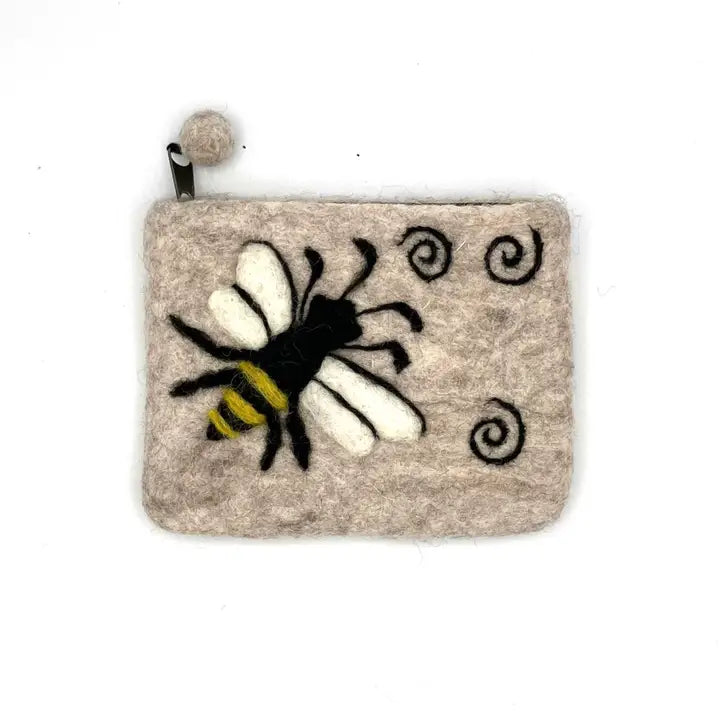 Honeybee with Heart on Gray Felt Coin Purse