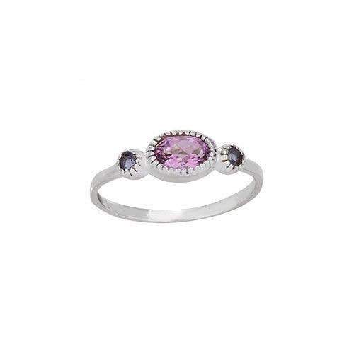 Silver ring with a pink gemstone on a white background