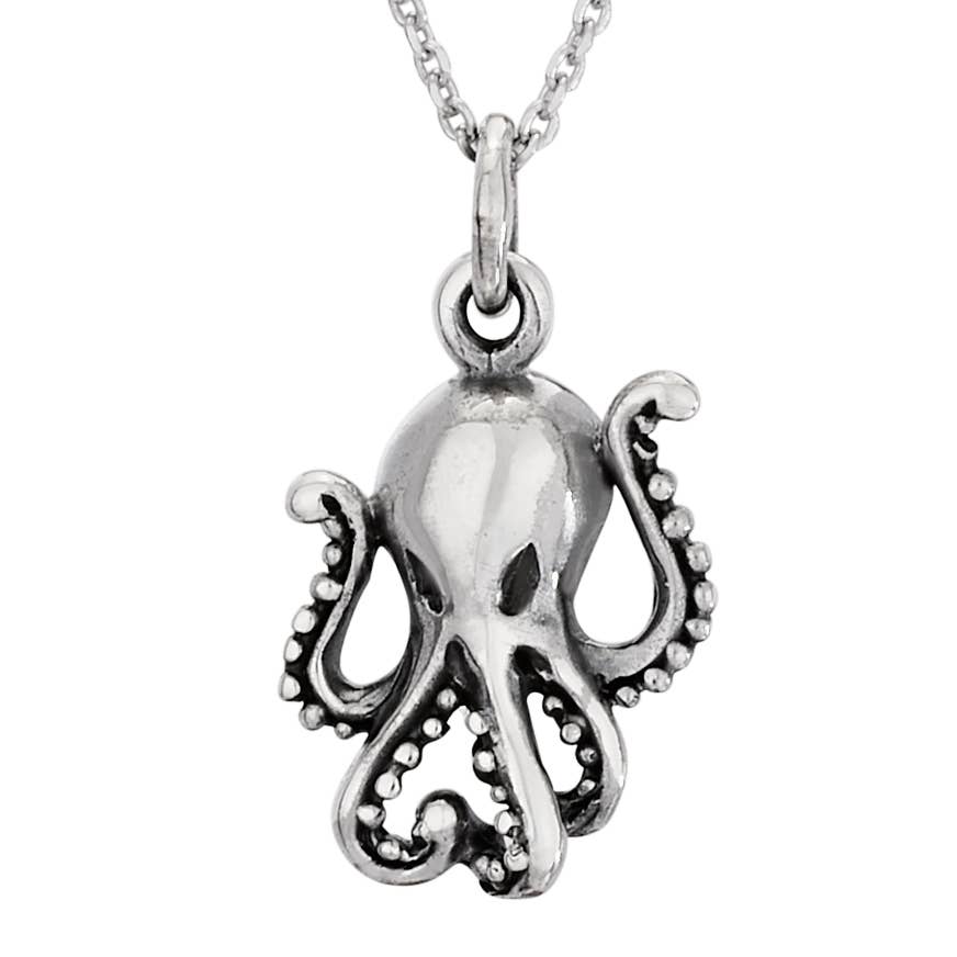 A sterling silver octopus pendant necklace with detailed tentacles and a matching chain, shown against a plain white background.