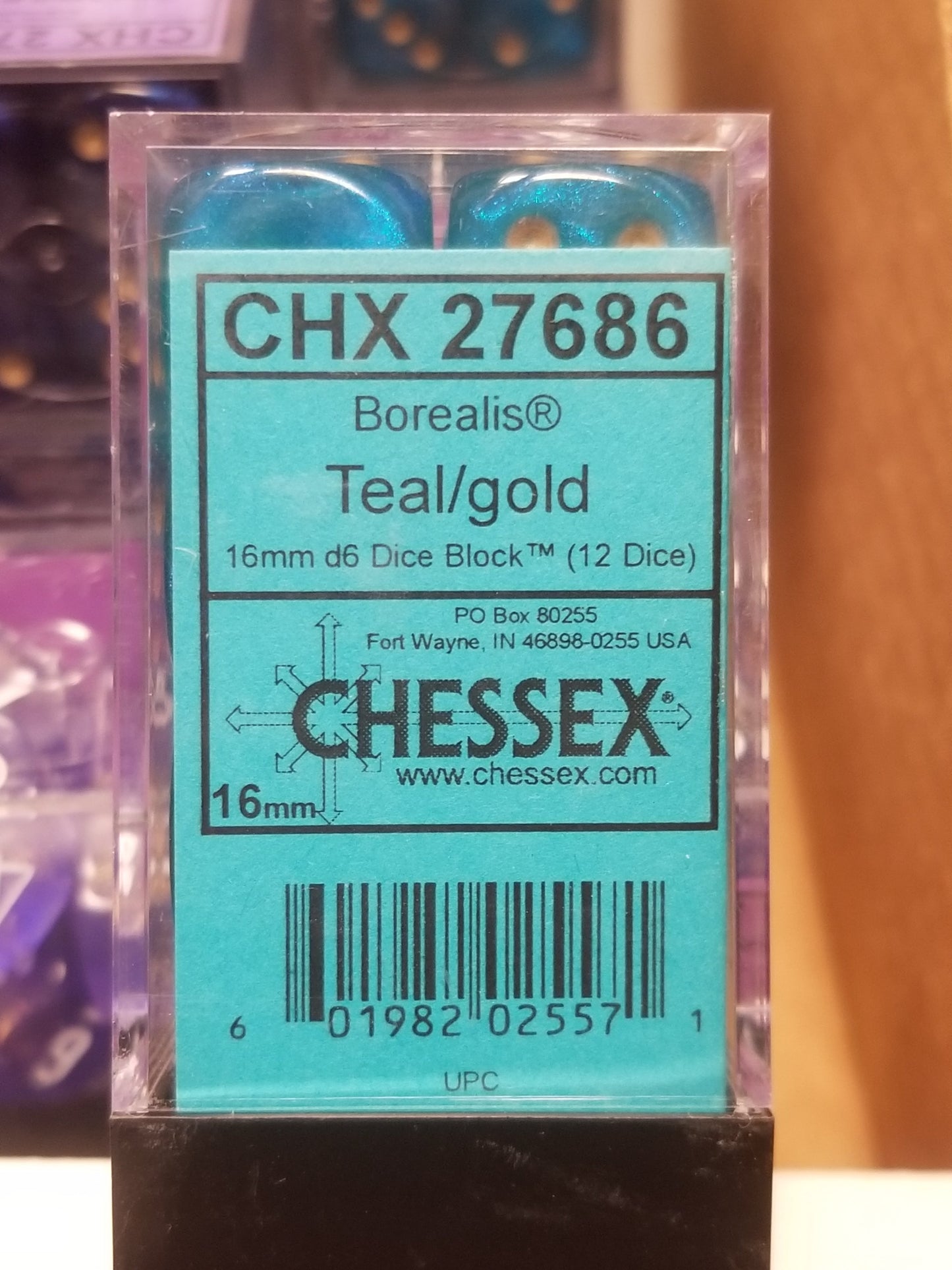 CHX 27686 16mm Block Borealis Teal w/ Gold Pips Dice Set Chessex
