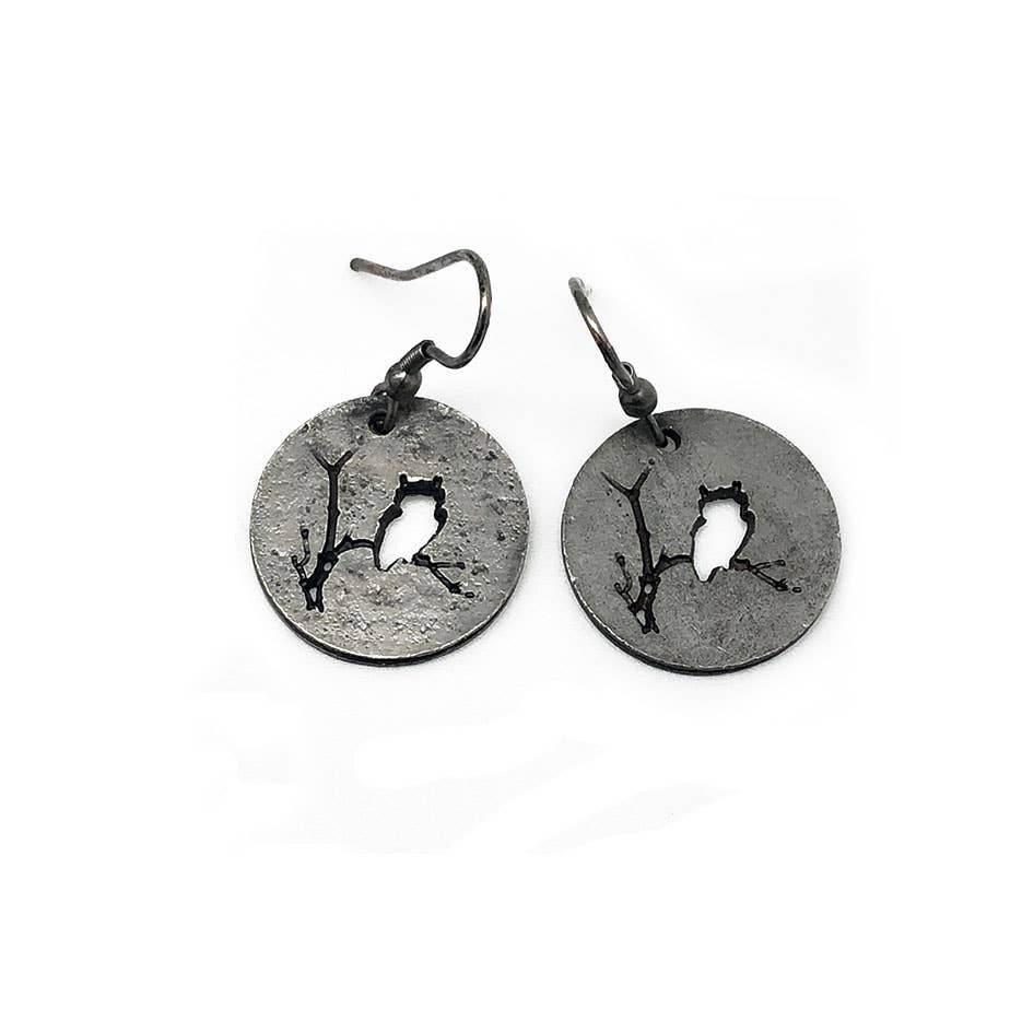 Owl on Branch Pewter Earrings
