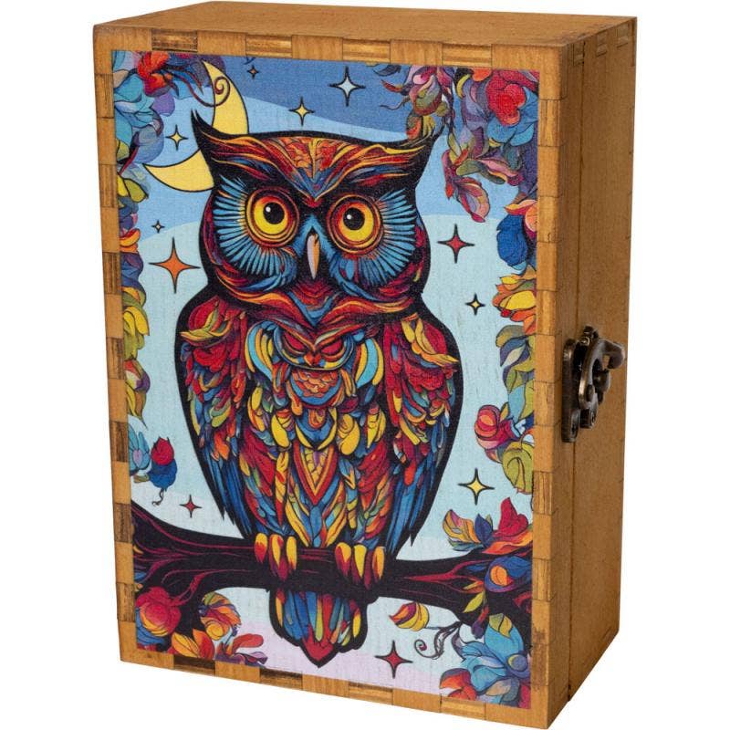 A rectangular wooden box with a colorful printed owl illustration on the front, featuring a blue owl with red, yellow, and orange patterned feathers, surrounded by flowers, stars, and a crescent moon. The box has a natural wood frame and a metal latch on the right side.
