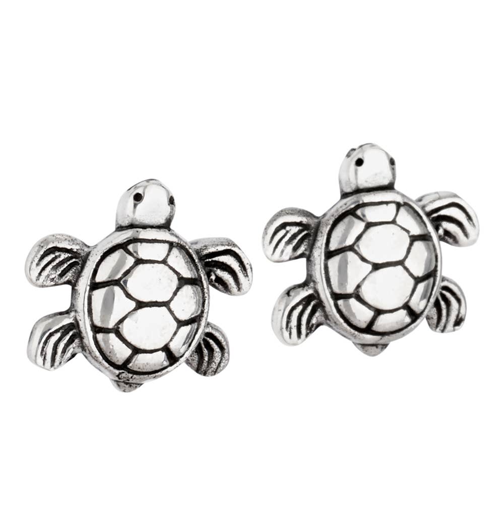 Pair of silver turtle-shaped earrings on a white background