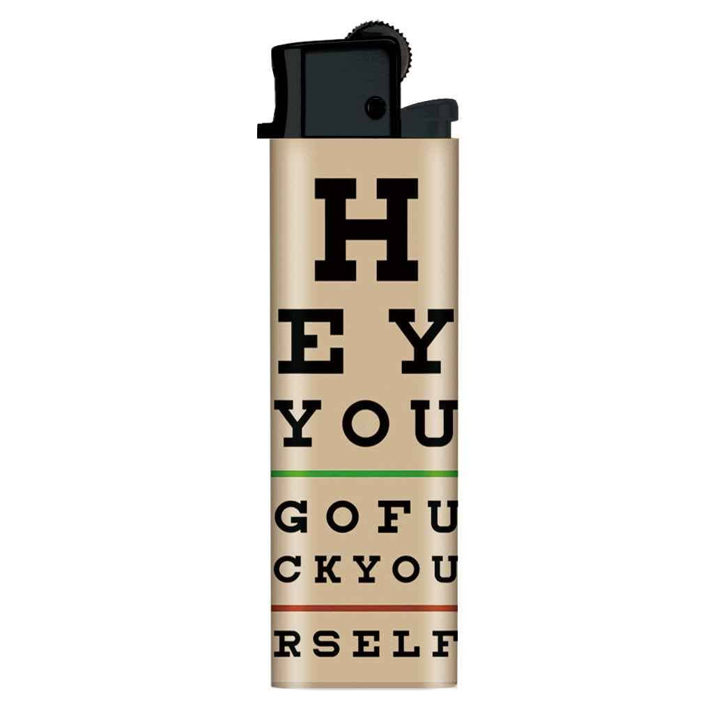 Lighter with printed text on a white background