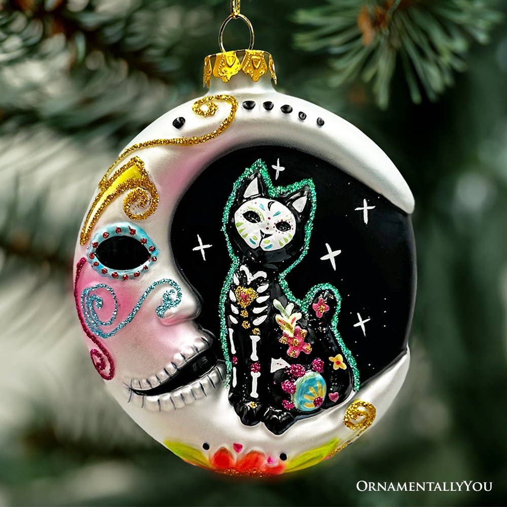 Siamese Cat Sugar Skull Glass Ornament