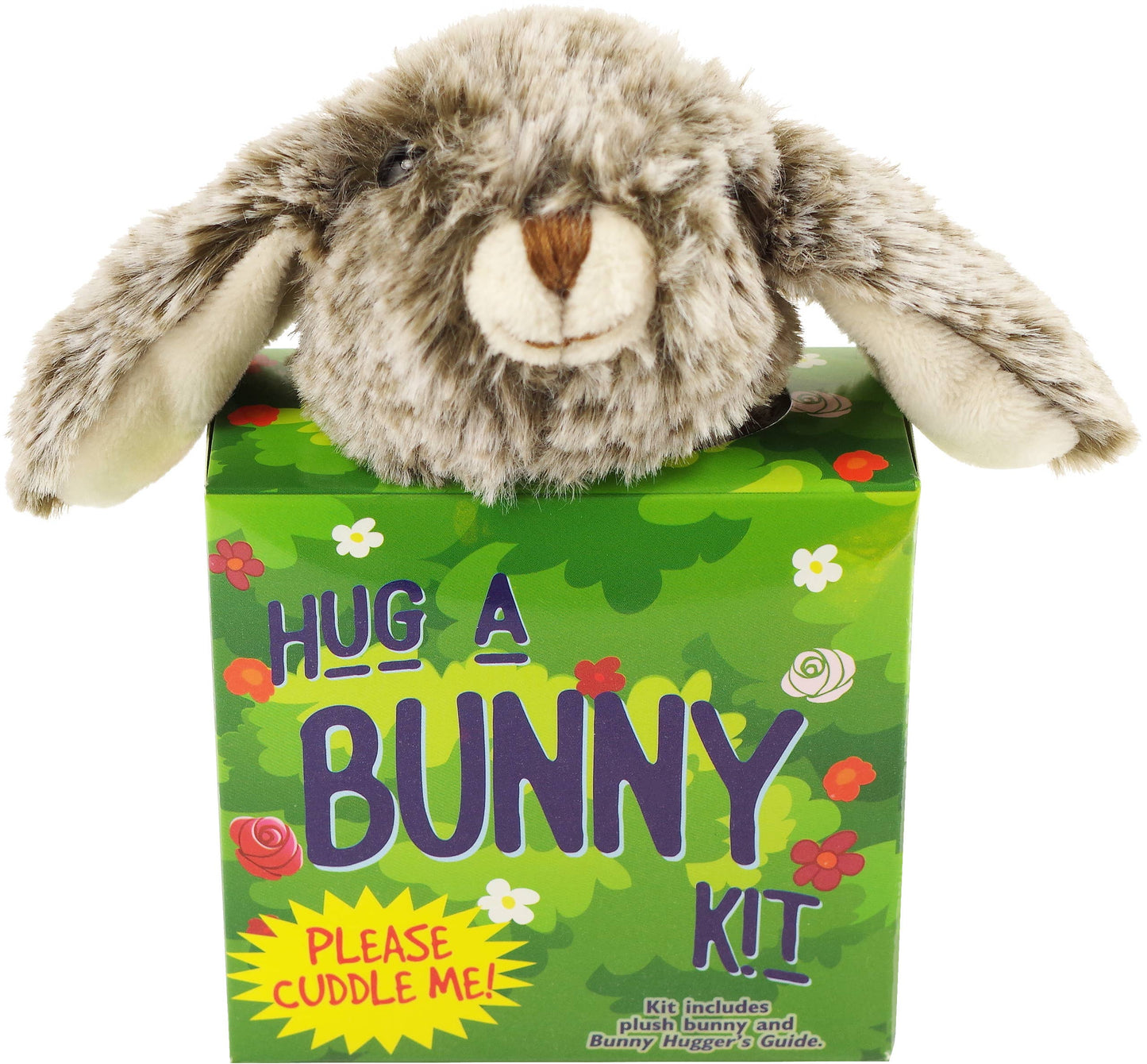 Plush bunny toy peeking out from a 'Hug a Bunny Kit' box on a white background