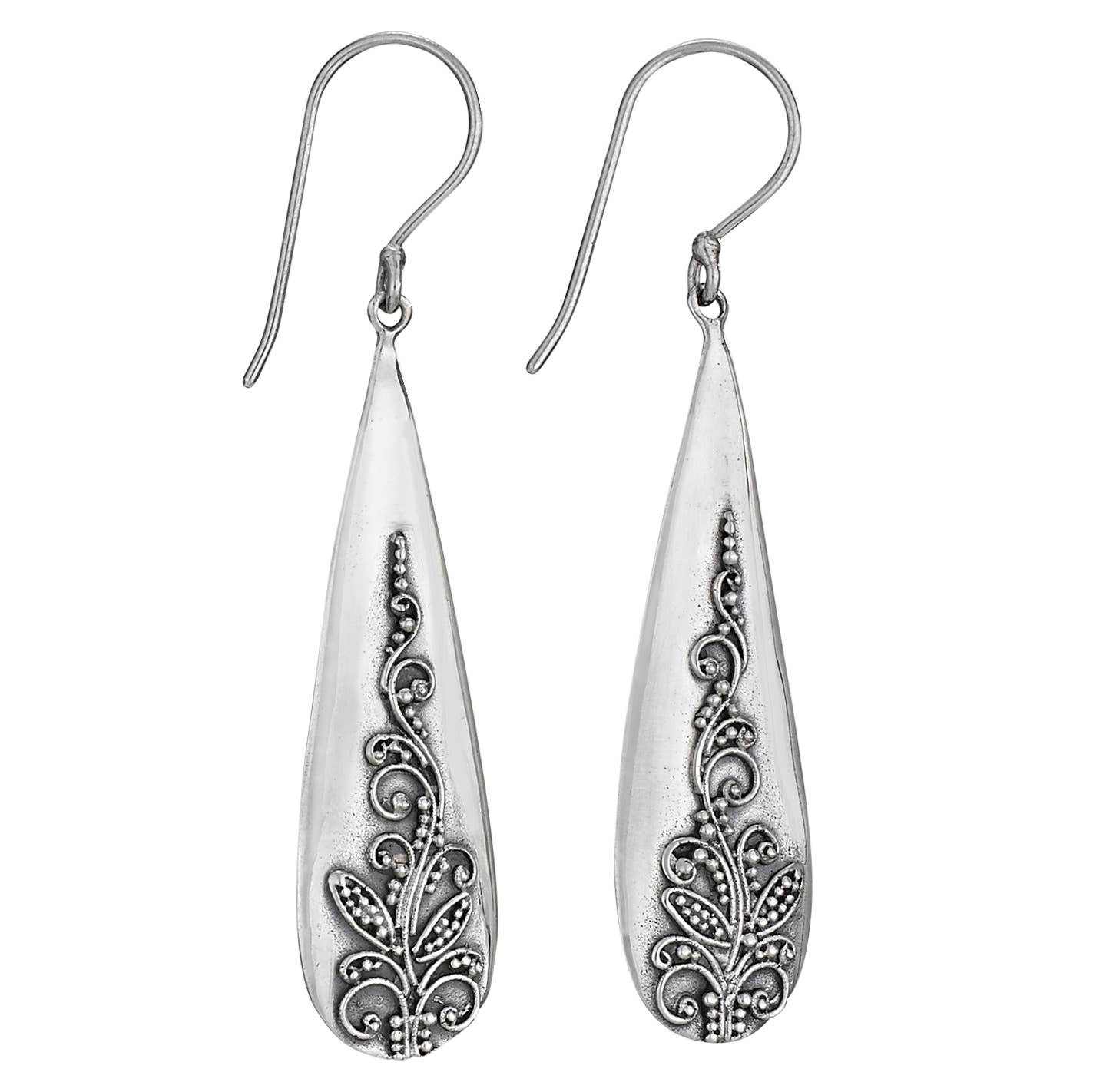 A pair of sterling silver teardrop dangle earrings with ornate filigree scrollwork details, shown against a plain white background.