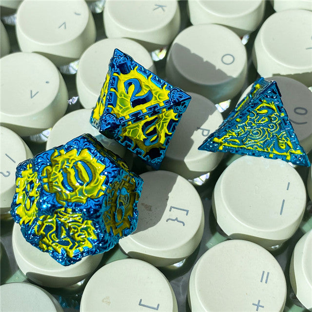 Blue and Yellow Metal Dice(Dagger of Venom)7-Dice Udixi RPG