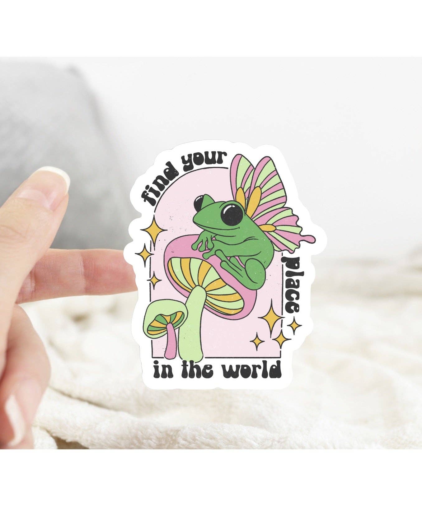 Frog Find Your Place in the World Retro Sticker: White Background