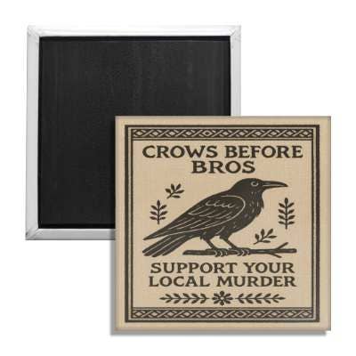 Fridge magnet with a crow design and text on a beige background