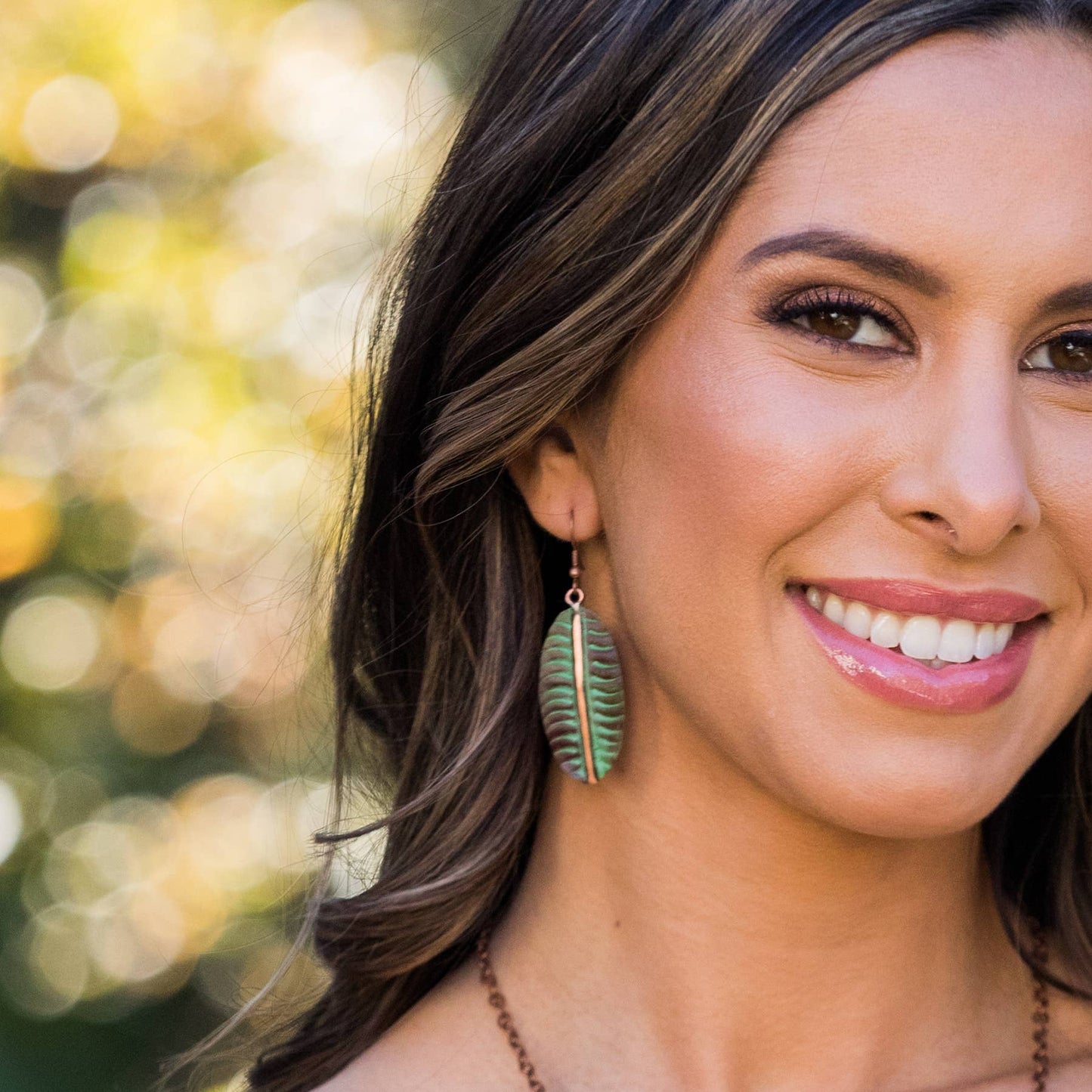 Copper Patina Earrings - Tropical Green Leaf