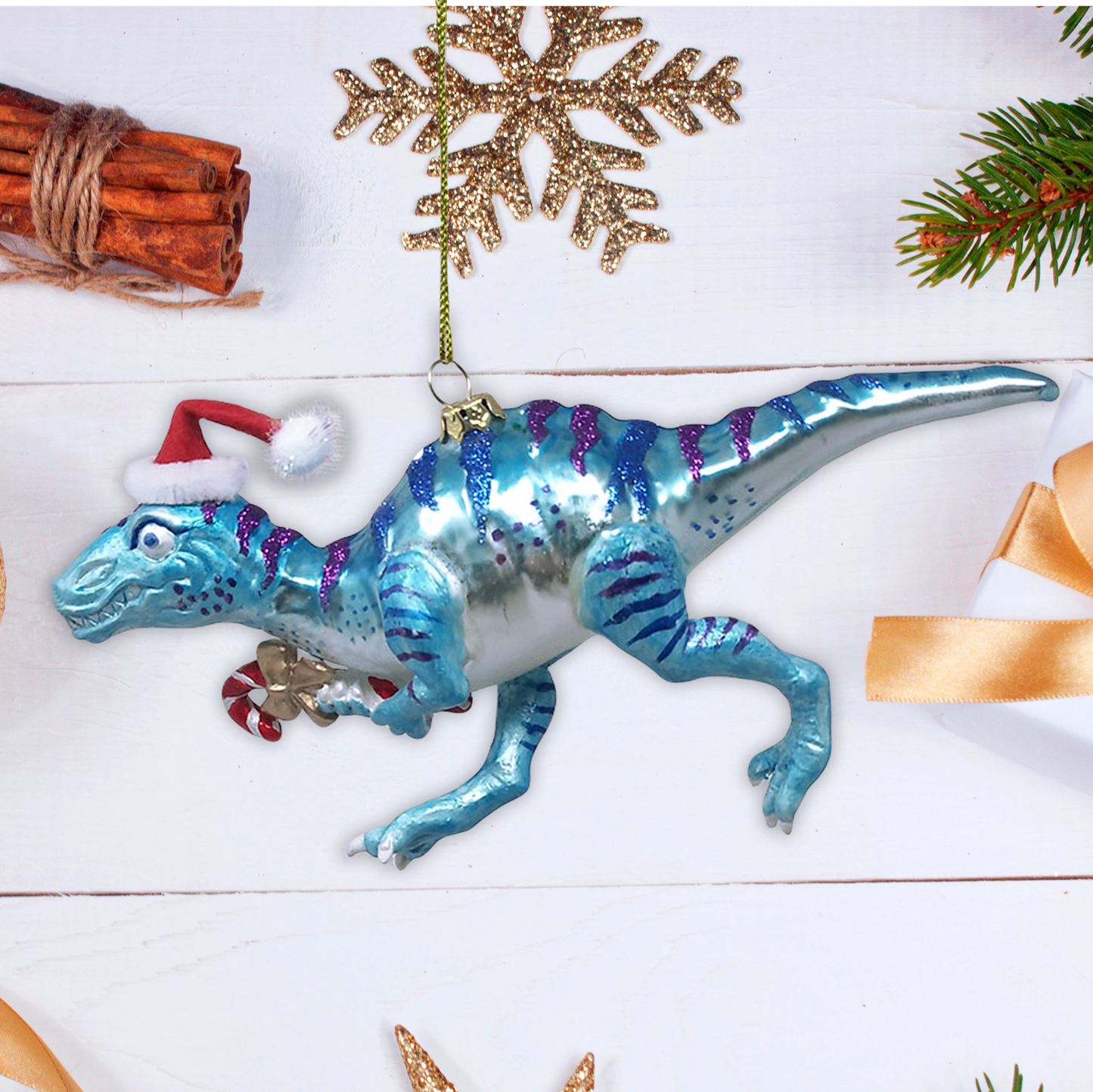 Dinosaur Christmas Raptor Glass Ornament