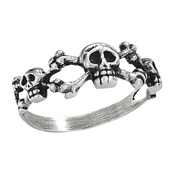 Sterling Silver ring with skull and crossbones design on a white background
