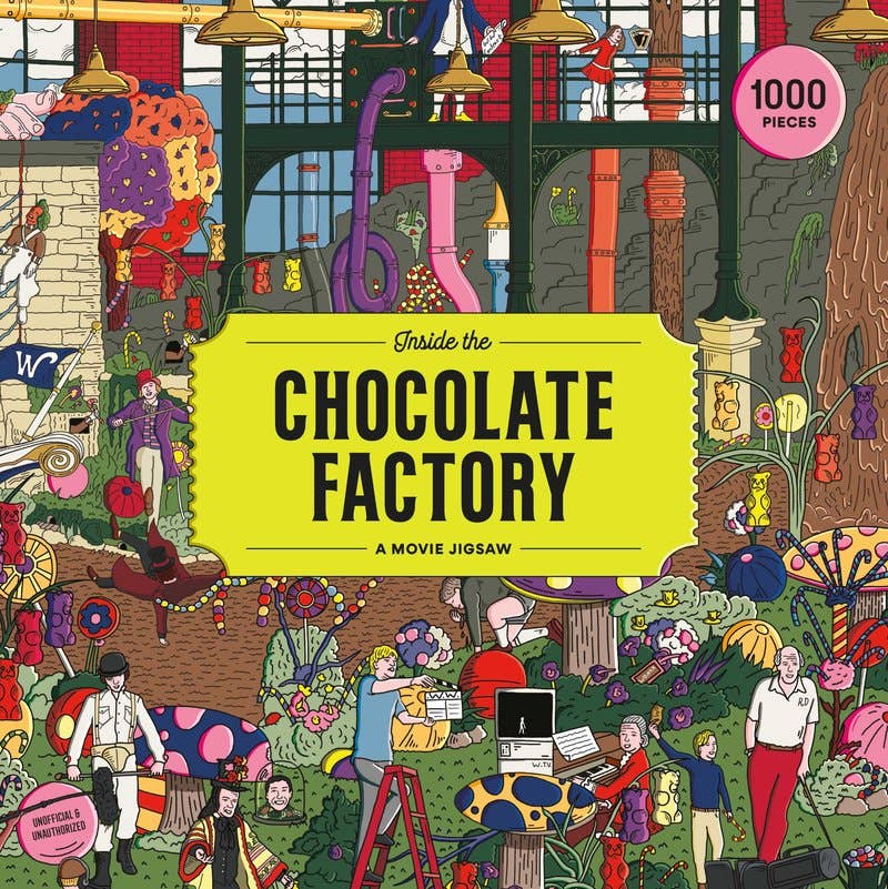Colorful 1000 piece jigsaw puzzle box titled 'Inside the Chocolate Factory' with various characters and elements.