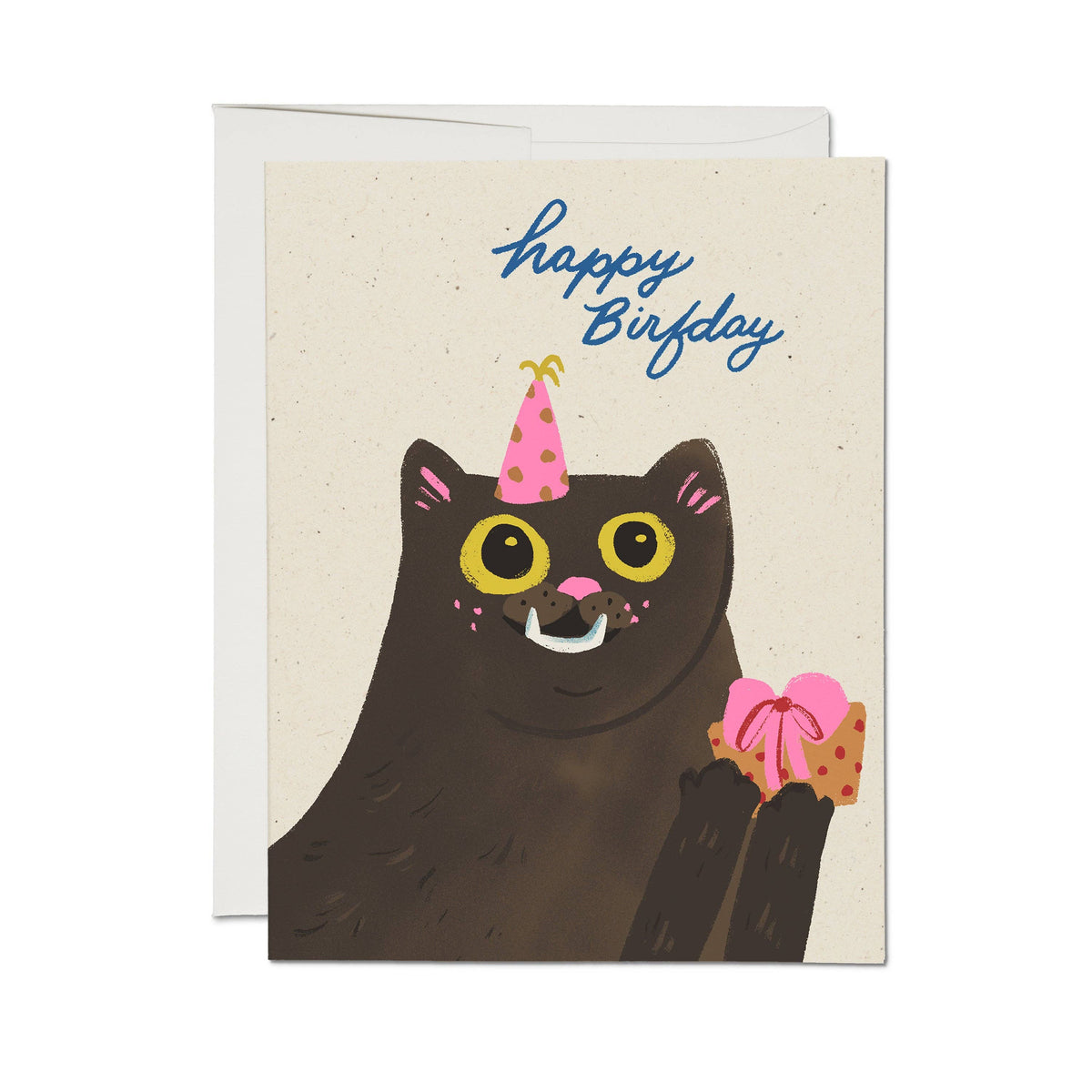 Birthday card with a black cat wearing a party hat and holding a cake, on a beige background and text 'happy birfday'.