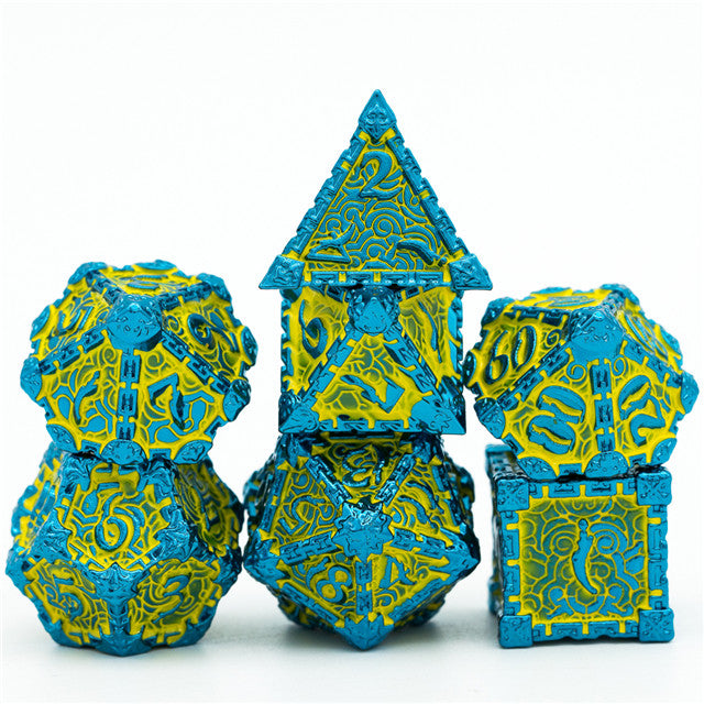 Blue and Yellow Metal Dice(Dagger of Venom)7-Dice Udixi RPG