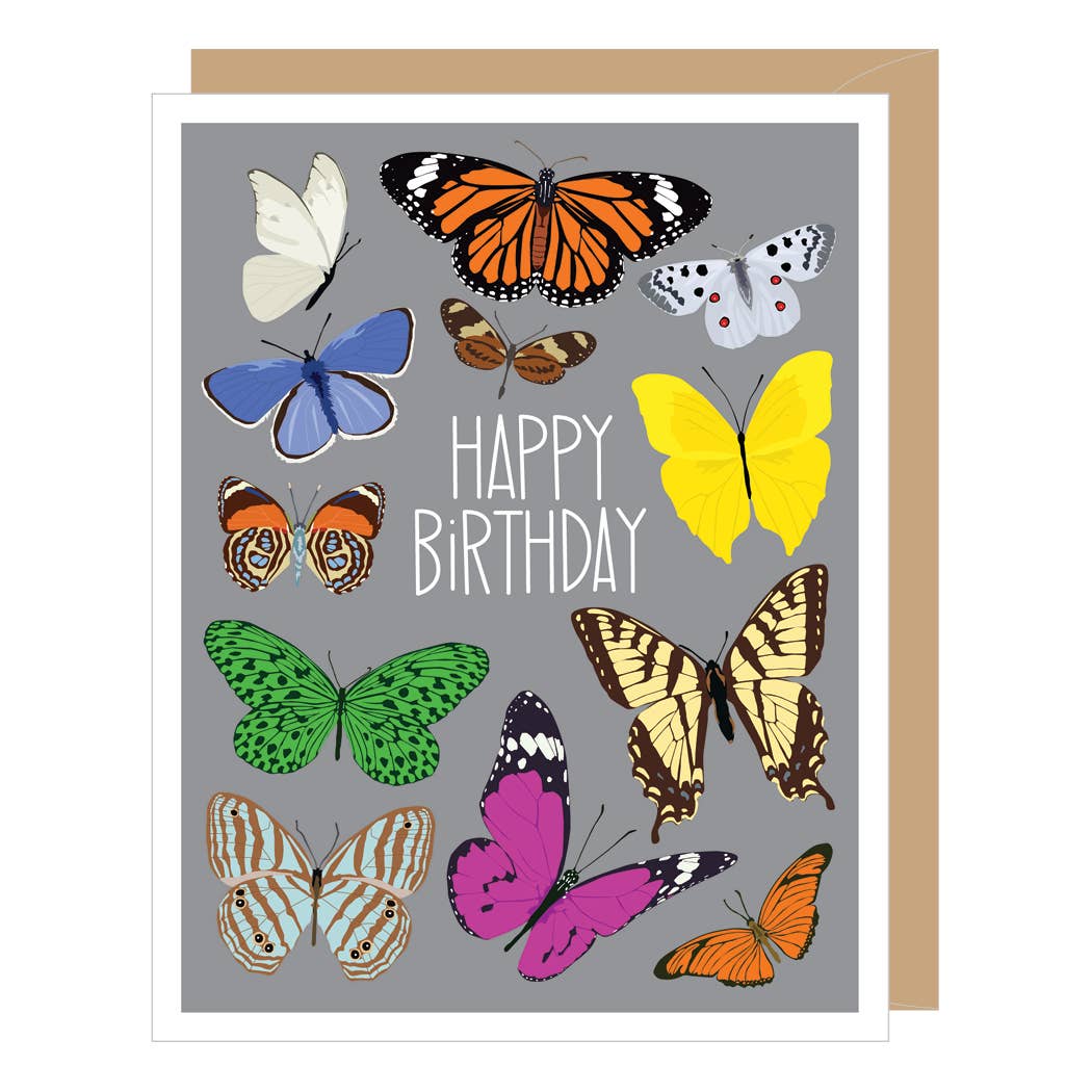 Greeting card with colorful butterflies and 'Happy Birthday' text on a gray background