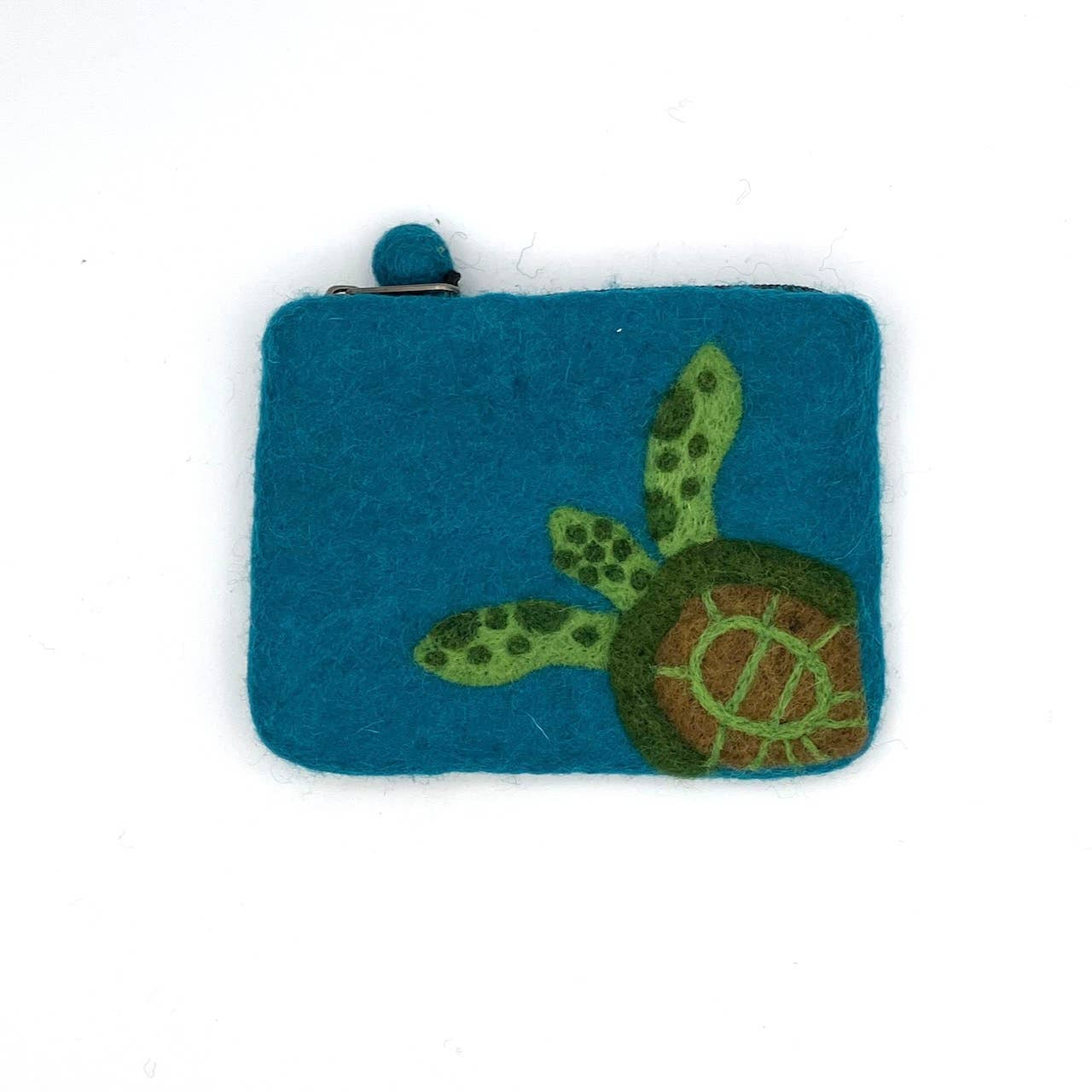 Blue felt zipper pouch with a sea turtle design on a white background