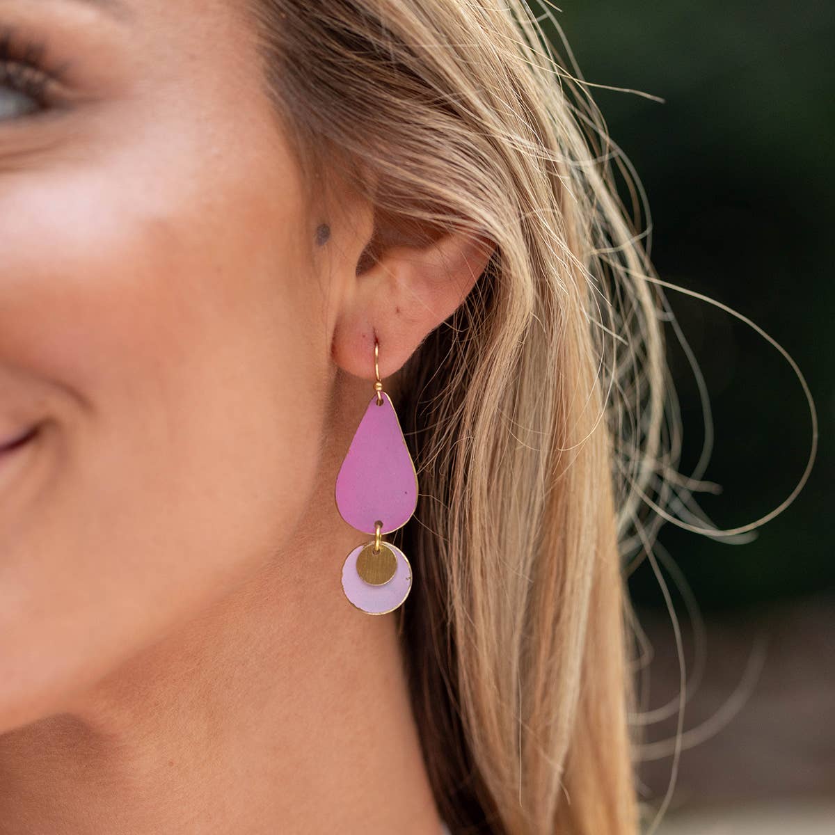 Brass Patina Earrings - Pink and Lilac Two Tiered Dangle