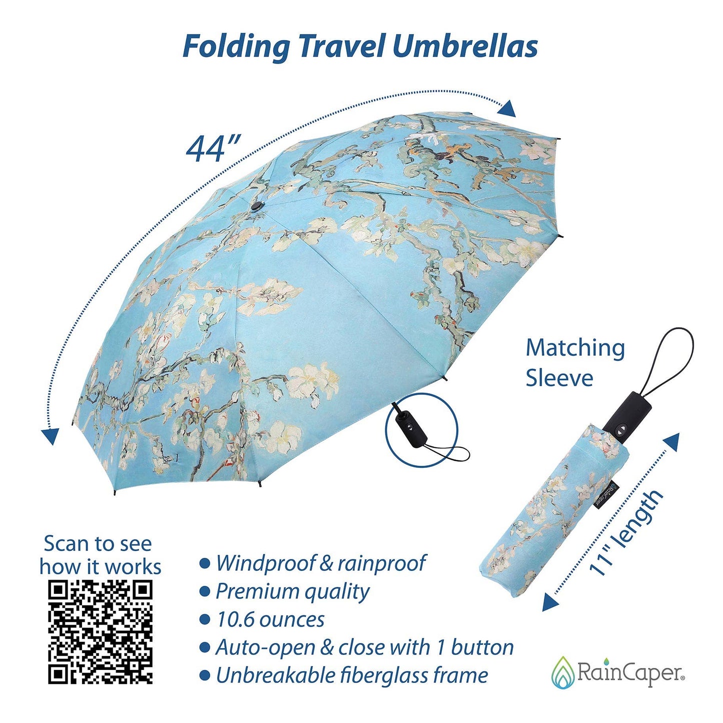 RainCaper van Gogh Almond Blossom Folding Travel Umbrella