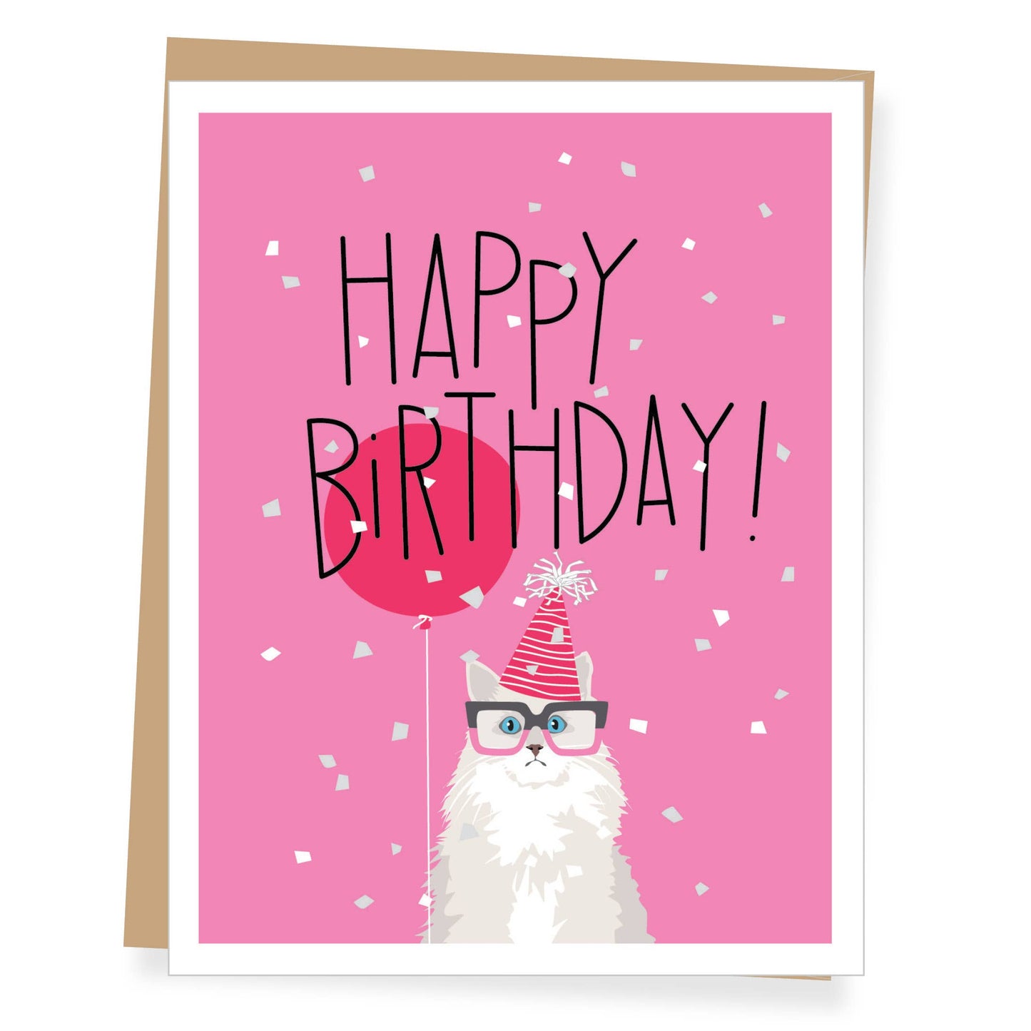 Birthday card with a cat wearing glasses and a party hat, holding a pink balloon with 'Happy Birthday!' text on a pink background.