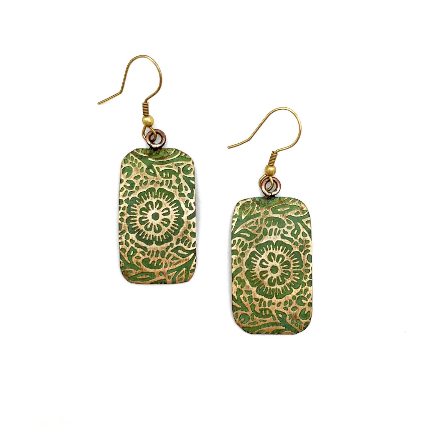 Chartreuse Floral Scrollwork Brass Patina Earrings