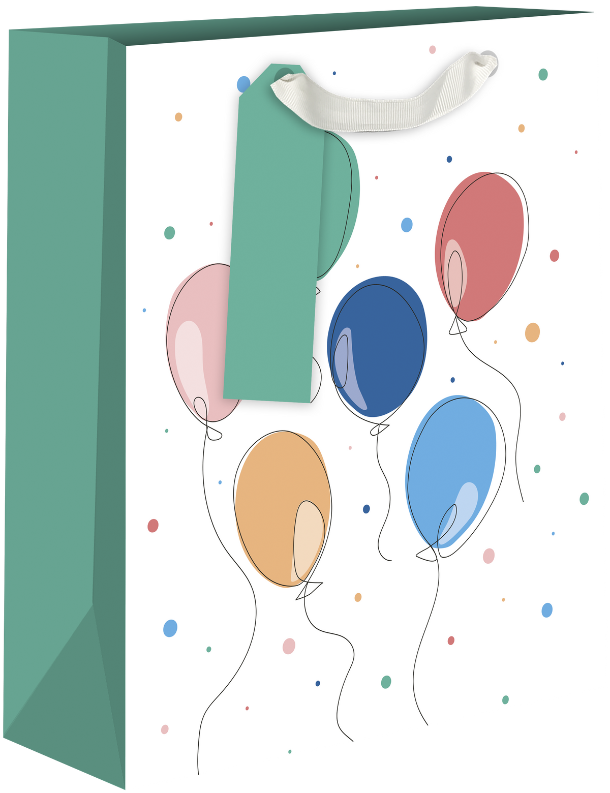 A white gift bag with a teal-green side panel and white handle, decorated with a pattern of colorful balloons in pink, blue, red, and orange, and small confetti dots.