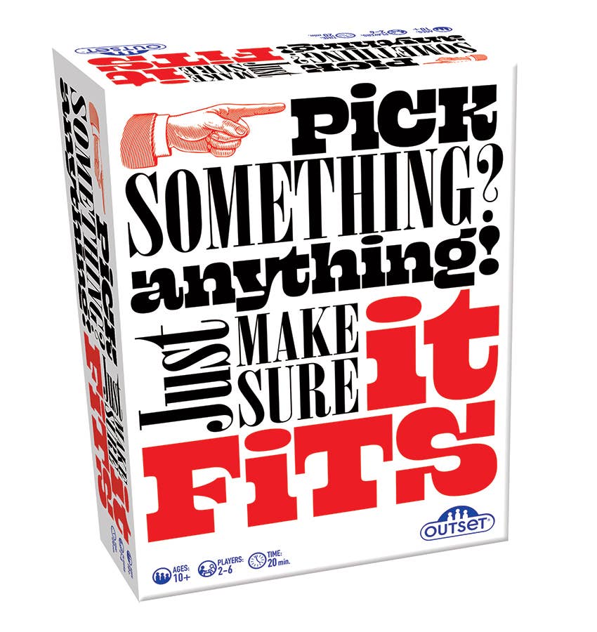 The board game box for 'Pick Something? Anything! Just Make Sure It Fits' by Outset Games, featuring a white box with bold black and red typography and a pointing hand graphic.
