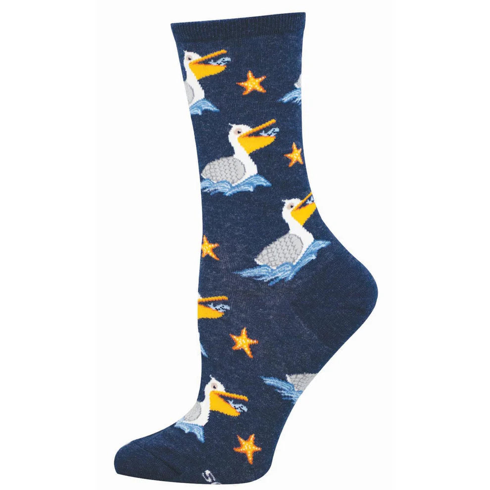 Navy sock with pelican and starfish pattern on a white background