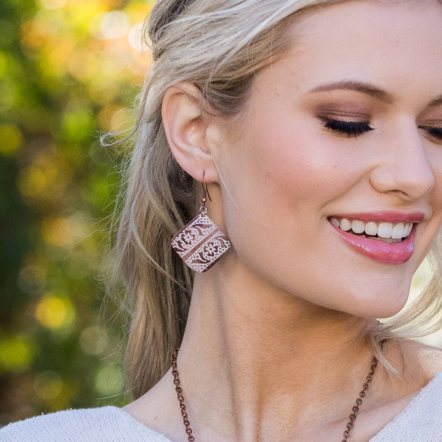 Cream Floral and Leaves Copper Patina Earrings