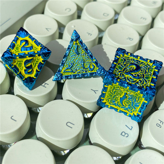 Blue and Yellow Metal Dice(Dagger of Venom)7-Dice Udixi RPG