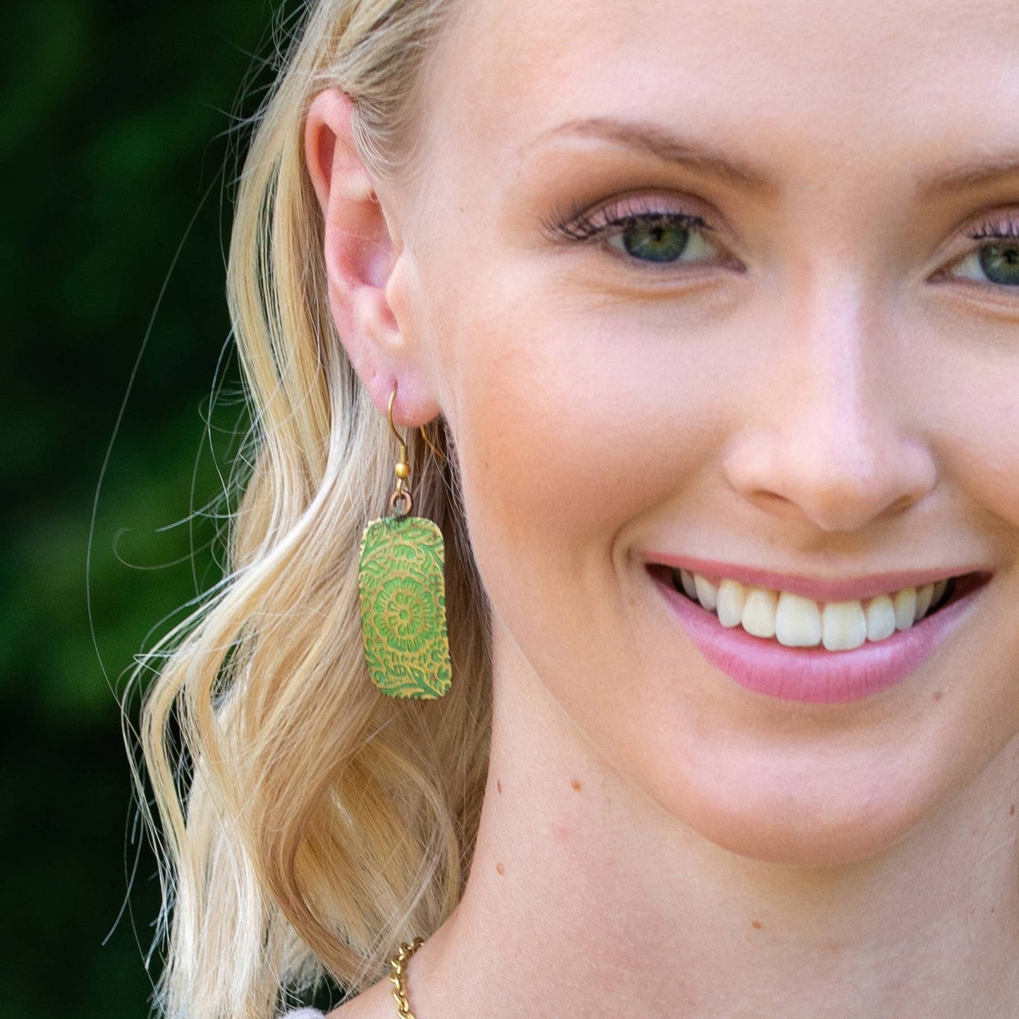 Chartreuse Floral Scrollwork Brass Patina Earrings