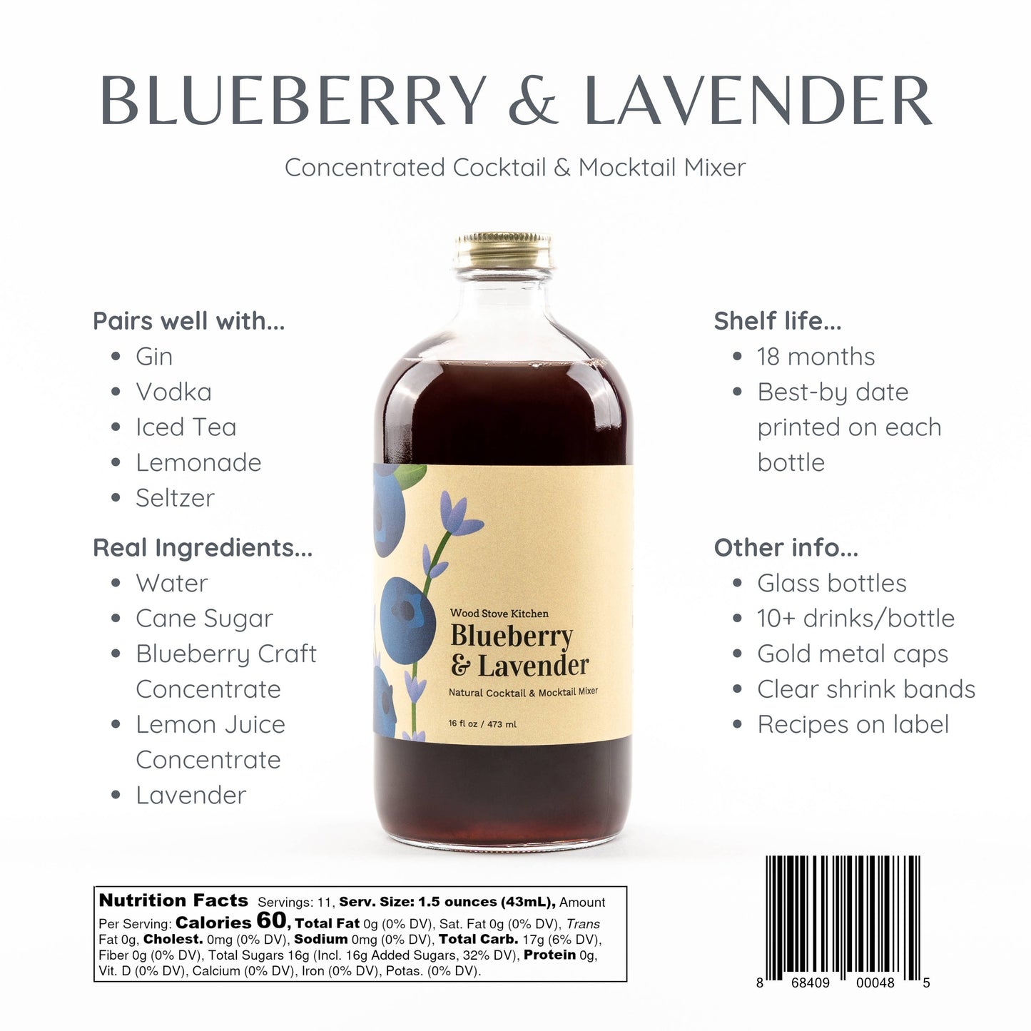 Blueberry and Lavender Cocktail Mixer and Mocktail Mixer, 16 fl oz