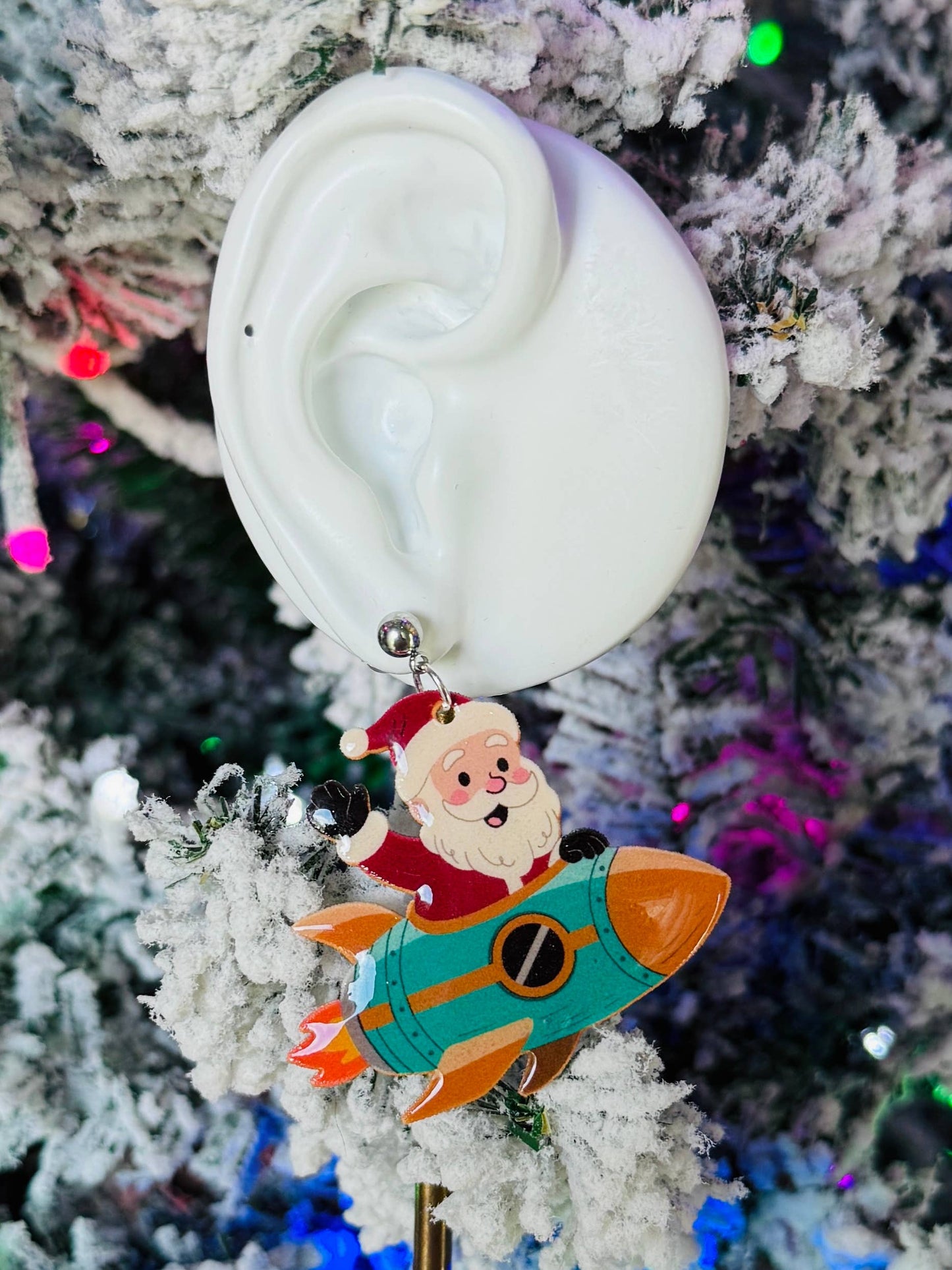 Retro Vintage Santa Claus Rocket Christmas Dangle Earrings