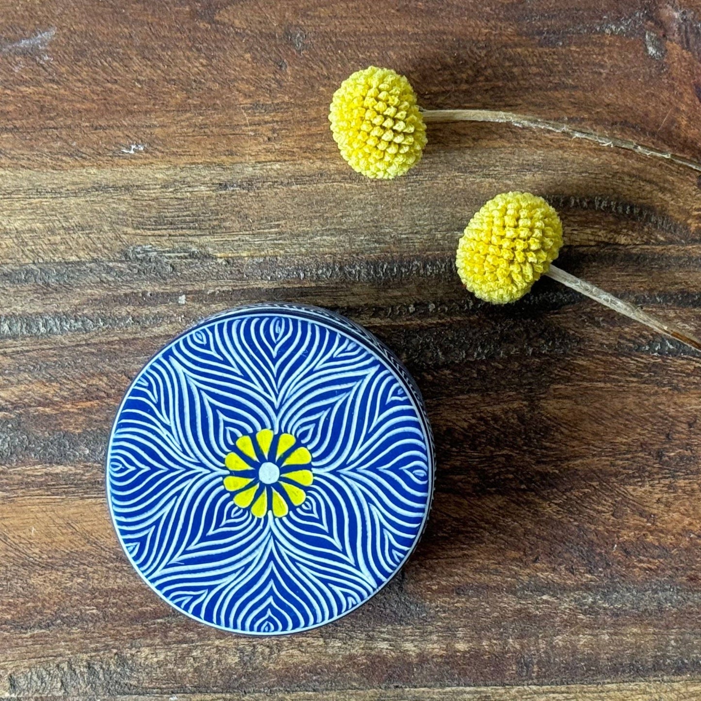 Soapstone Blue Round Container with Yellow Flower Accent