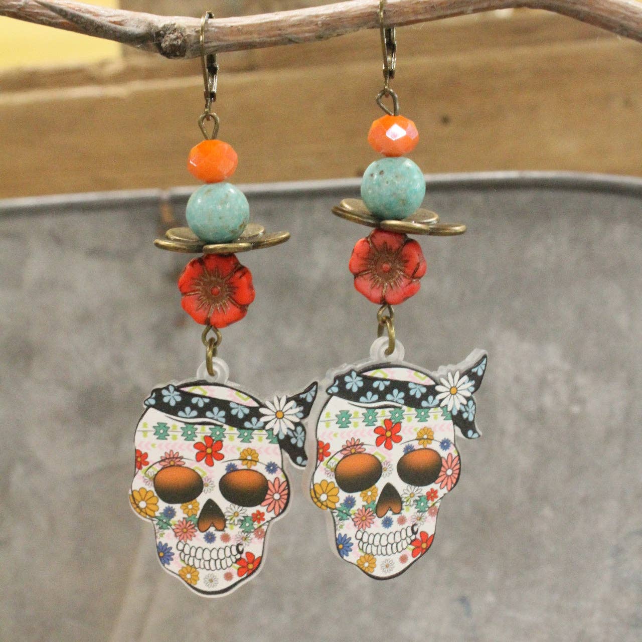 Skulls & Daisies Dangle Drop Earrings