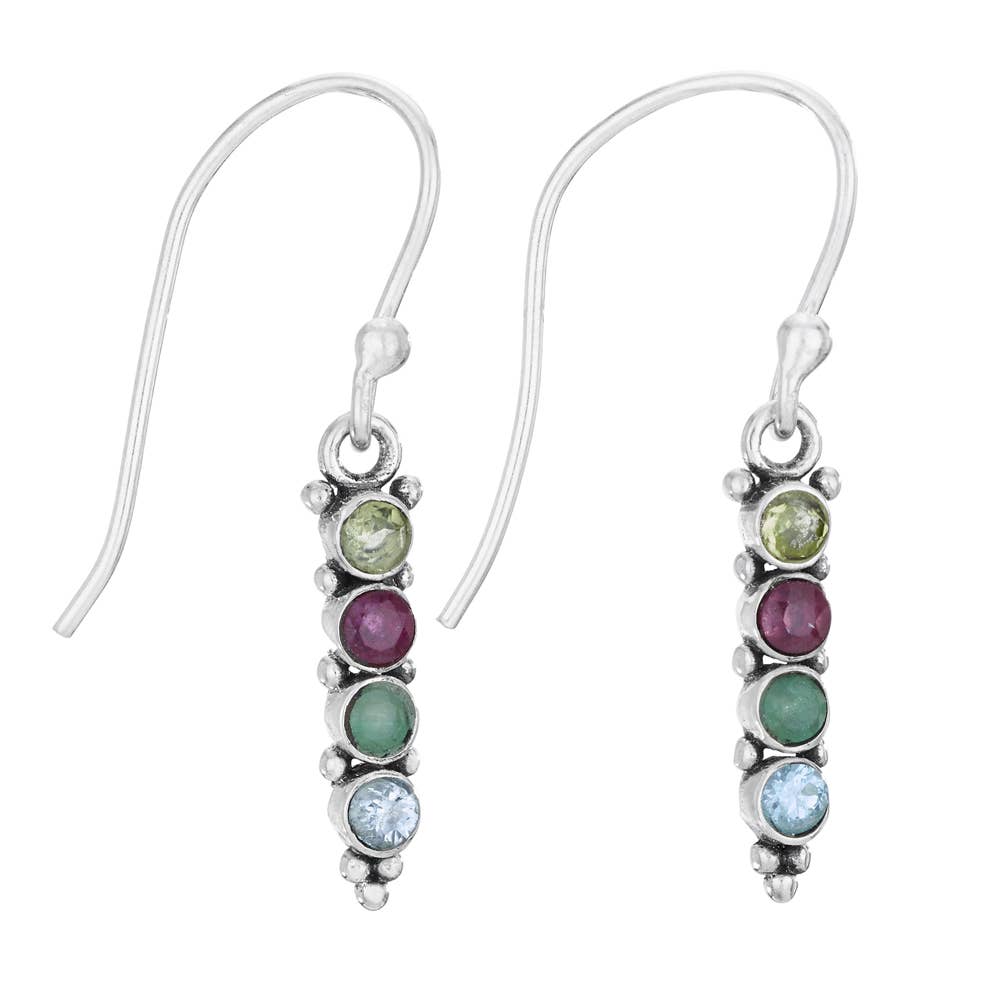 A pair of sterling silver dangle earrings with five colorful gemstones each, displayed on a clean white background.