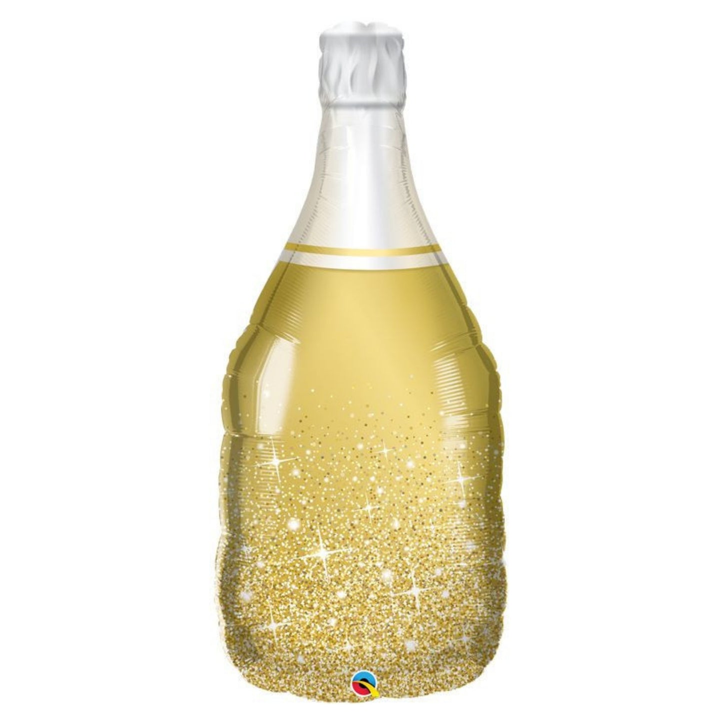 Gold glittery champagne bottle-shaped balloon on a white background