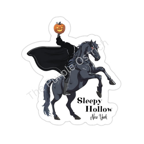 A magnet design featuring the Sleepy Hollow Headless Horseman holding a pumpkin head, mounted on a black horse, with the text 'Sleepy Hollow New York' at the bottom.