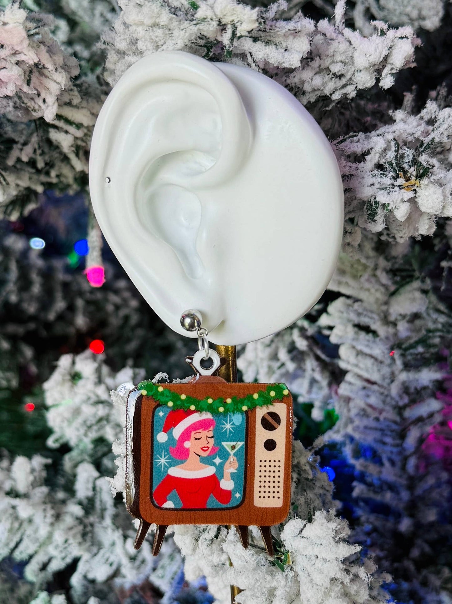 Retro Vintage Santa TV Martini Christmas Dangle Earring