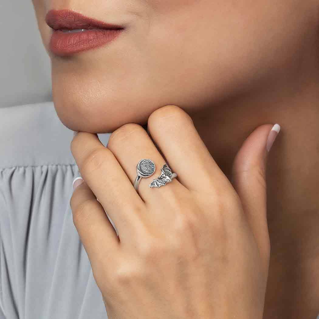 Sterling Silver Adjustable Moon and Bat Ring