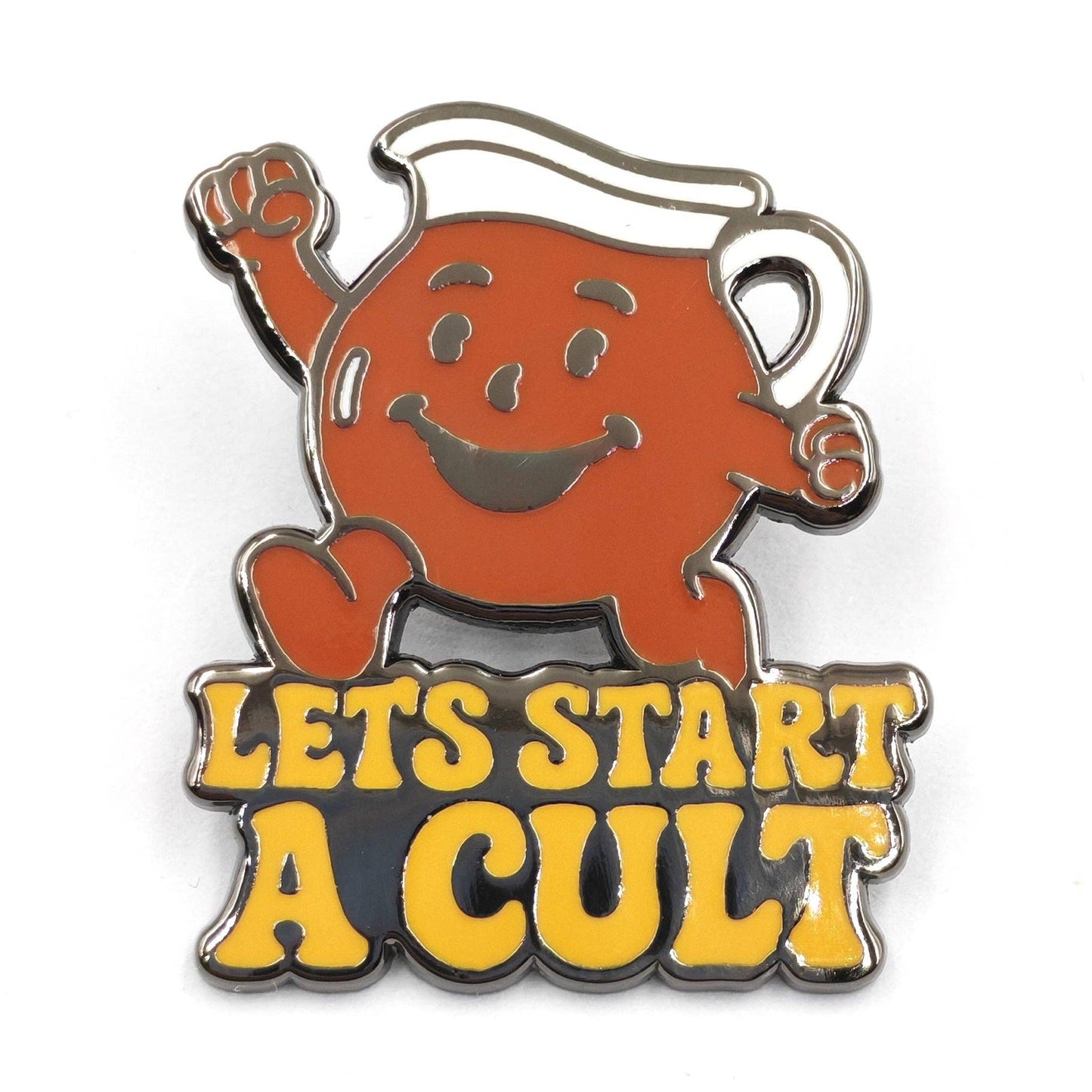 Enamel pin with a smiling red character and 'Let's Start a Cult' text on a white background