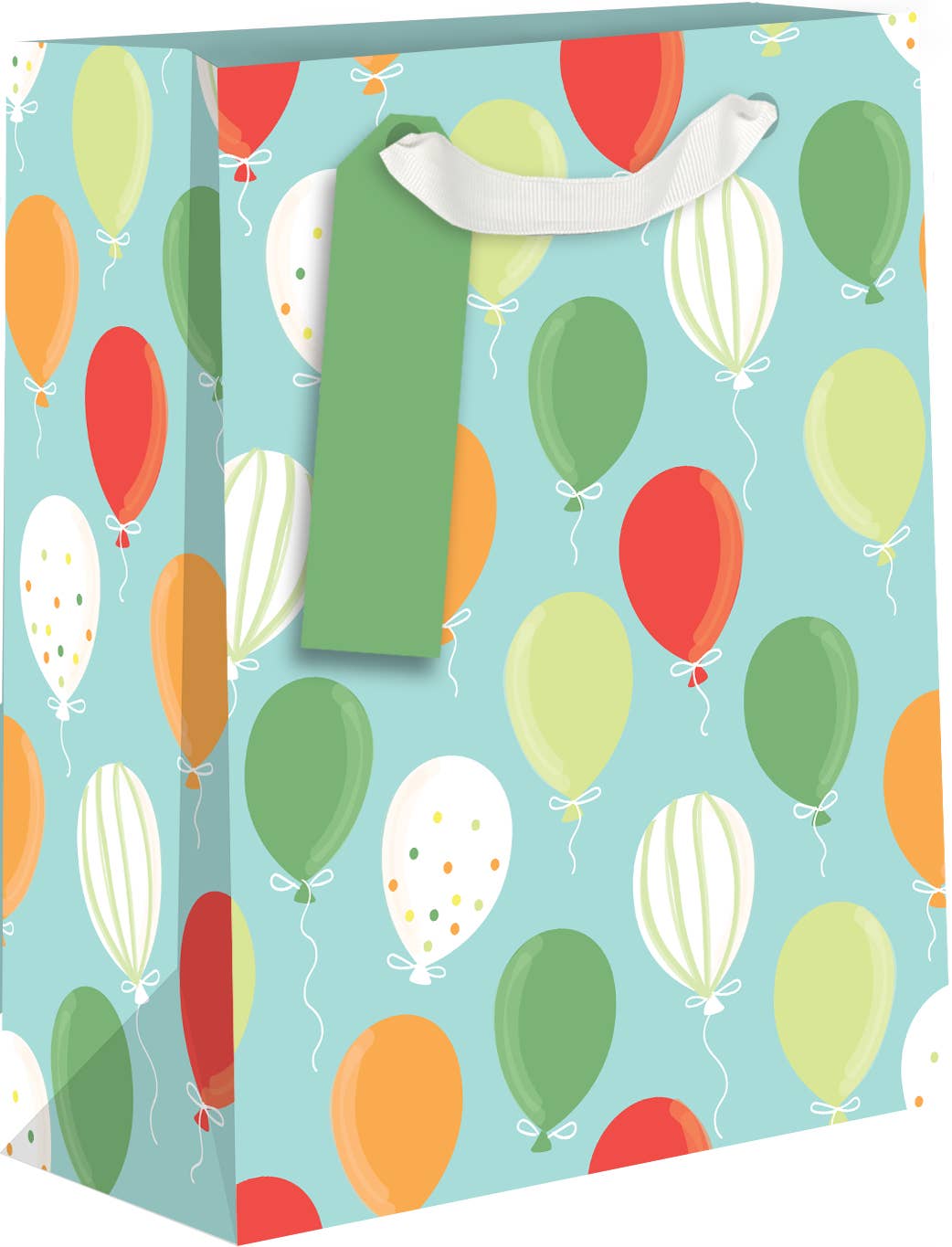 Blue Gift bag with colorful balloon pattern on a white background