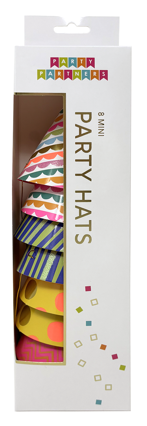 Colorful mini party hats with colorful designs on a white background