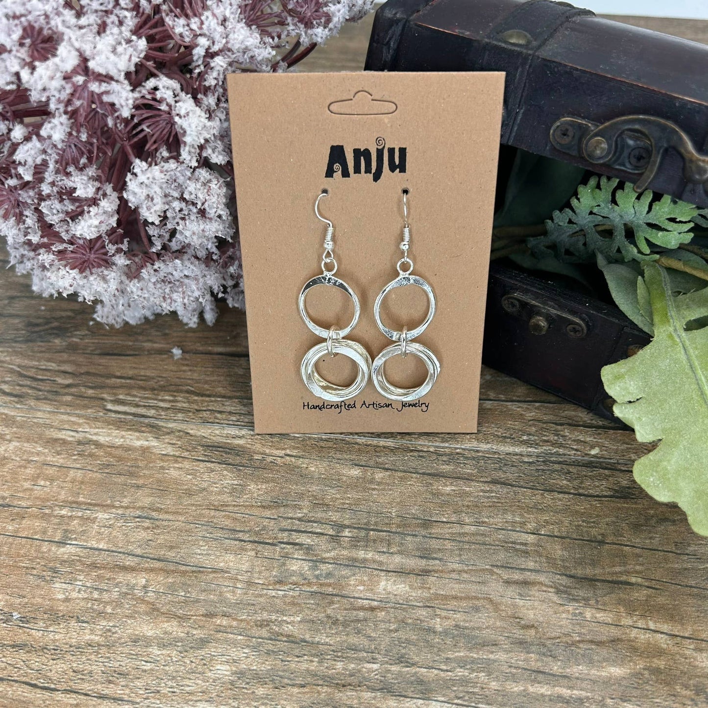 Silver Plated Earrings - Dangling Hammered Rings