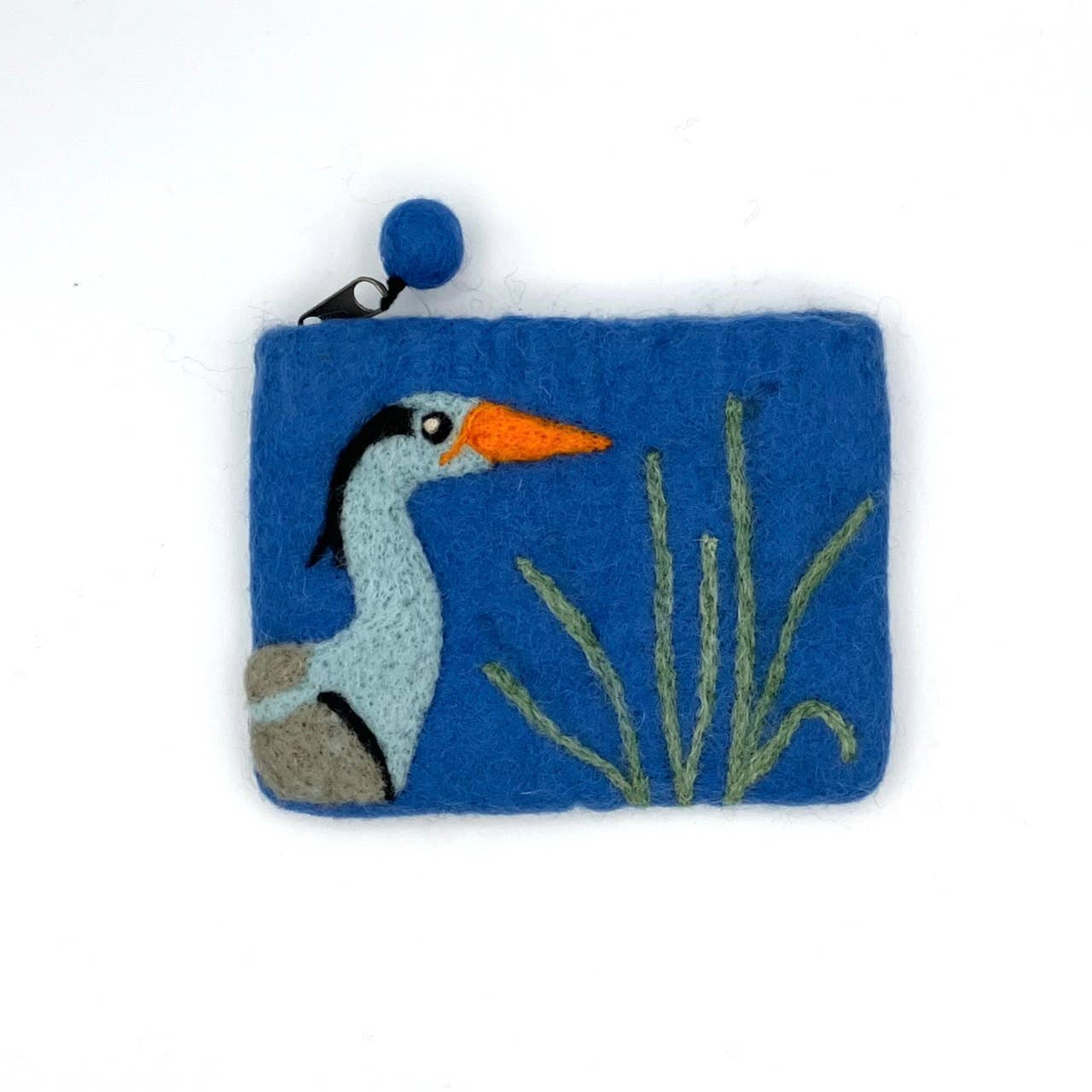 A blue felt coin purse with a depiction of a great blue heron, a zippered closure, and a felt ball zipper pull.