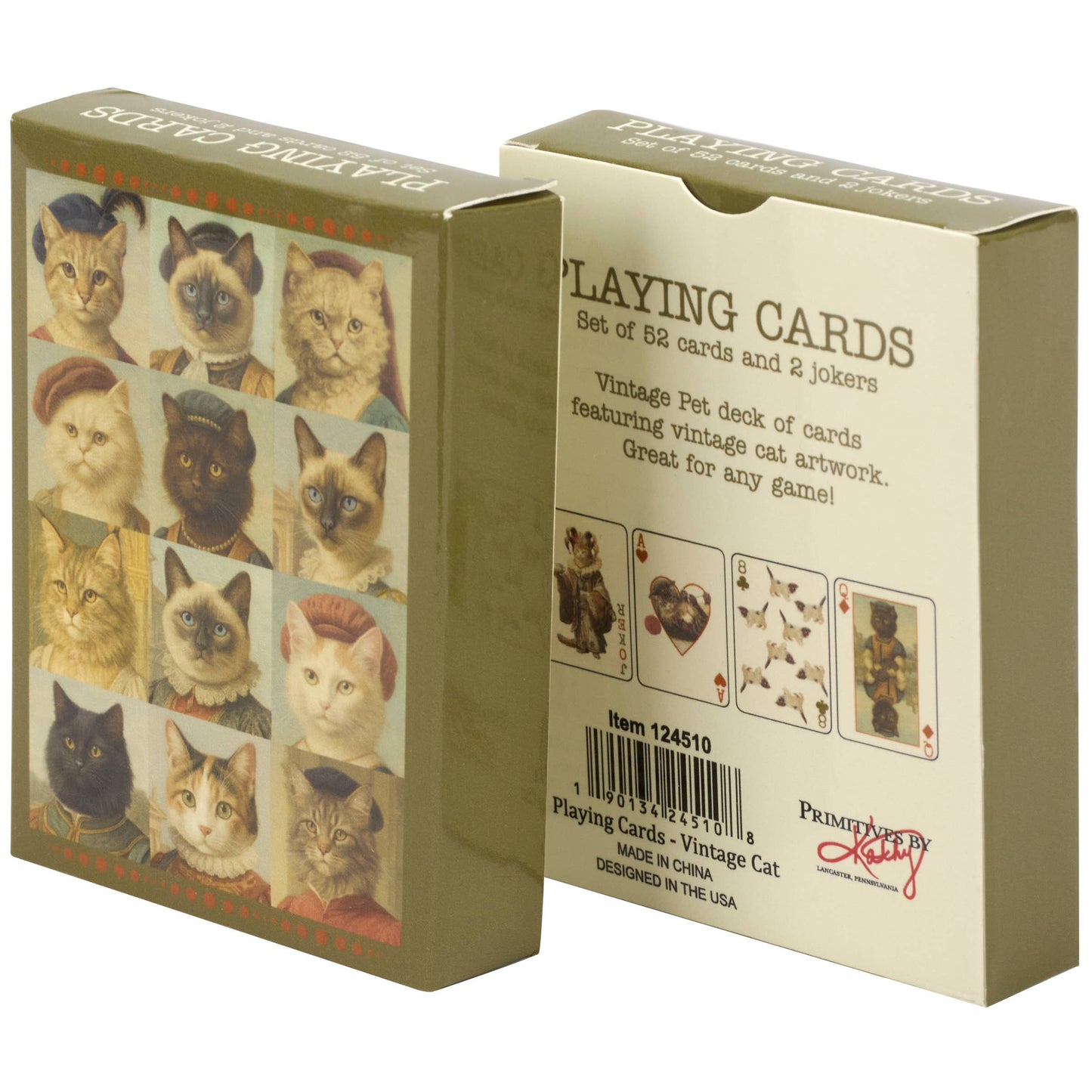 Playing cards with vintage cat artwork packaging on a white background